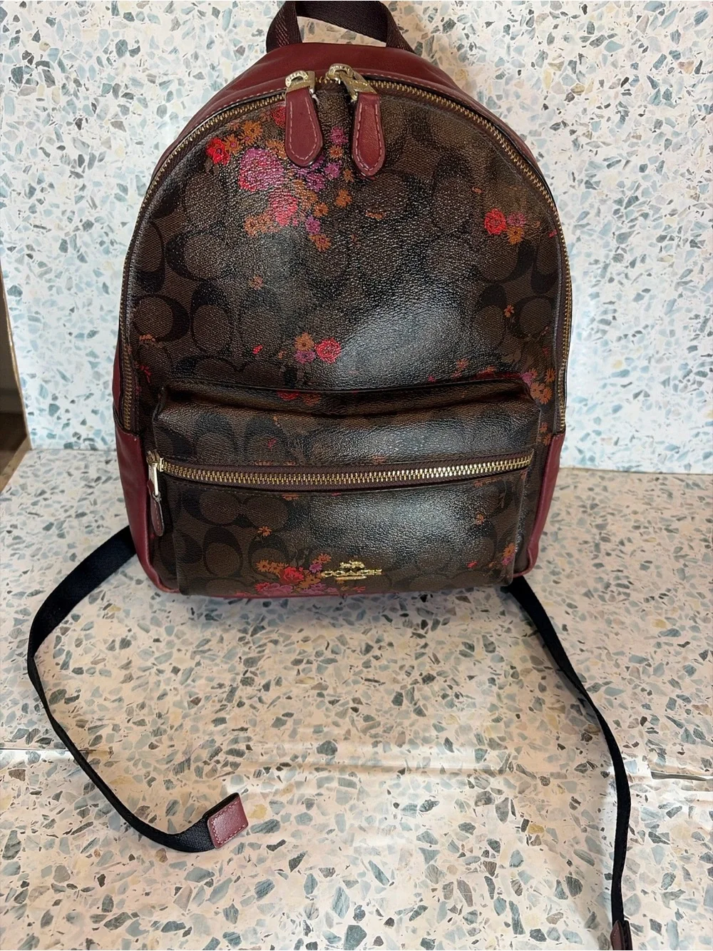 Coach F38049 Prairie Floral Signature Canvas Backpack Burgundy Leather - Picture 2 of 13
